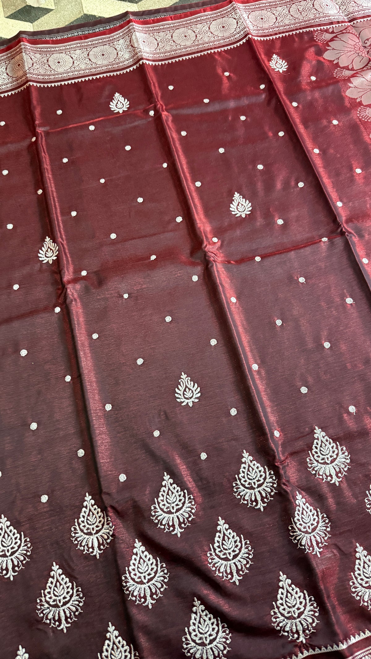 Wine Maroon Satin Silk Saree, Silver Zari Border, Floral Pallu, Festive Ethnic Wear