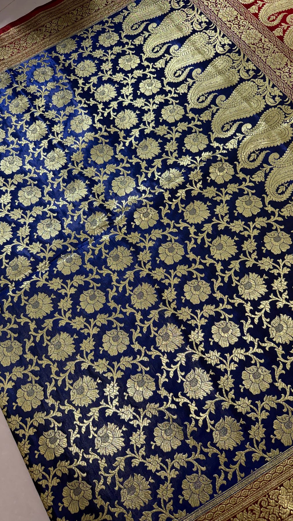Royal Blue Red Banarasi Silk Saree, Gold Zari Floral Paisley (Wedding)