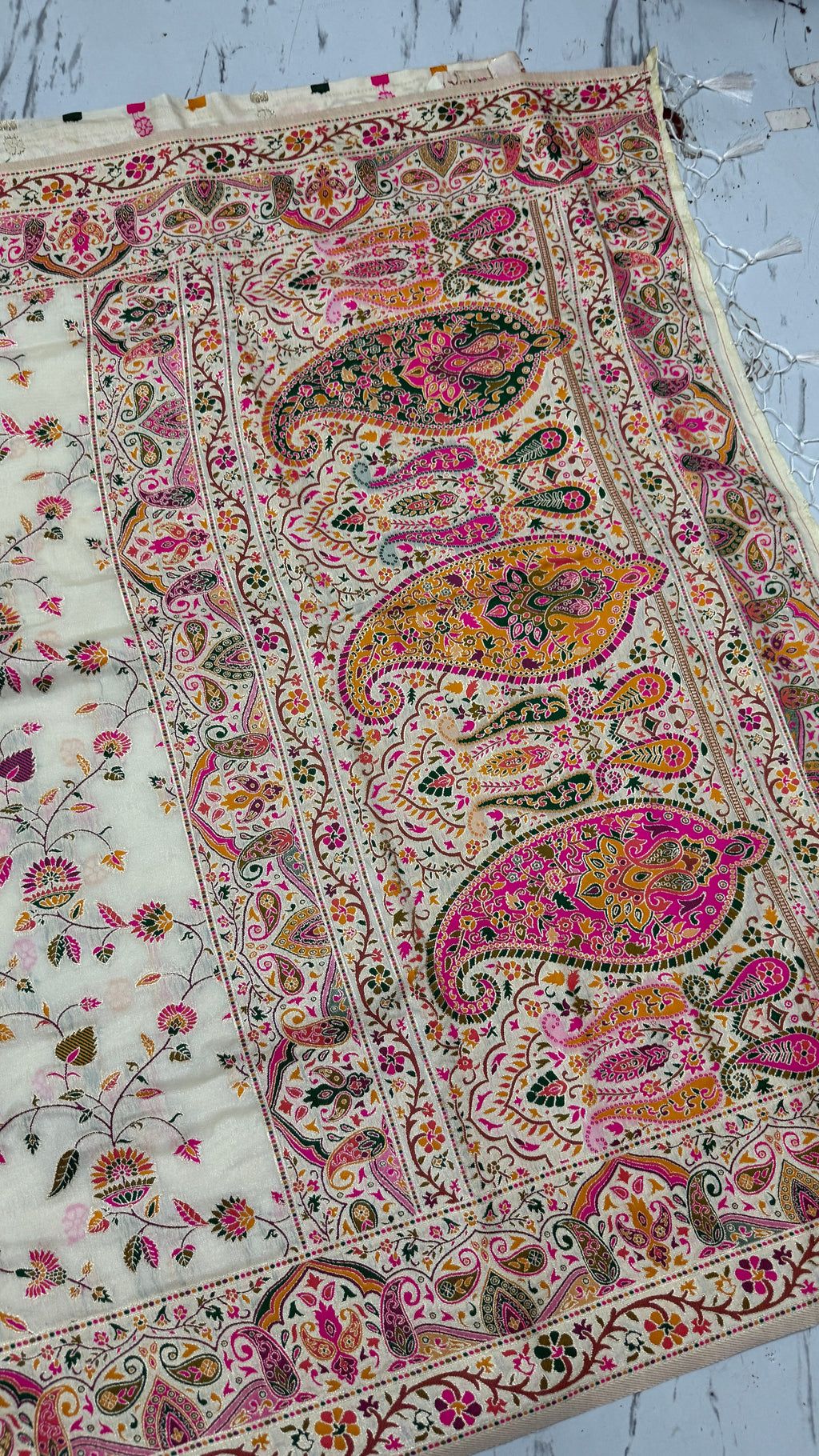 Pashmina Silk Saree | Cream Floral Printed Saree with Paisley Border | Indian Ethnic Wedding & Festive Wear