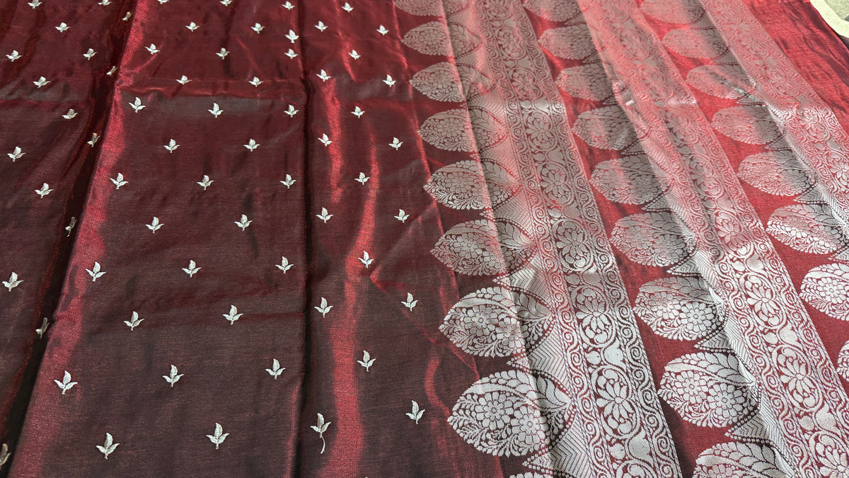 Maroon Satin Silk Saree with Silver Butti & Traditional Woven Border | Elegant Indian Saree