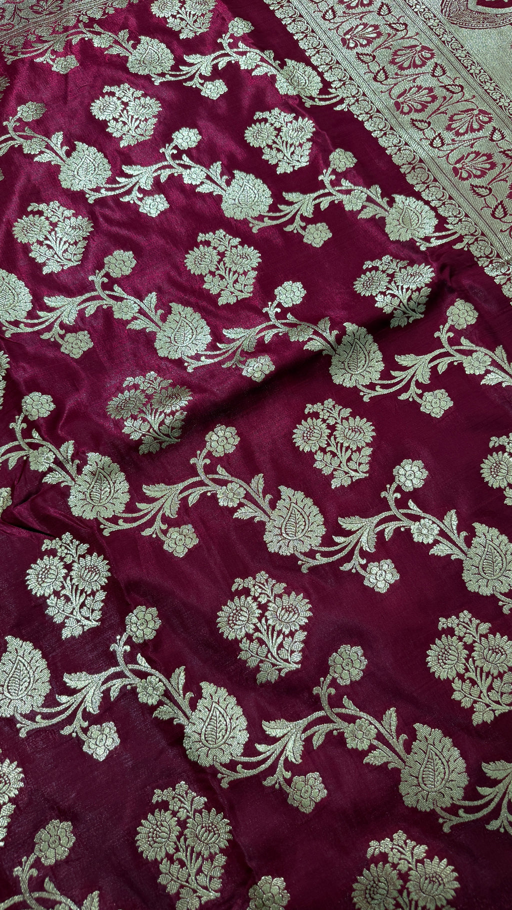 Maroon Banarasi Semi Katan Silk Saree, Golden Zari Floral, Wedding Festive Wear