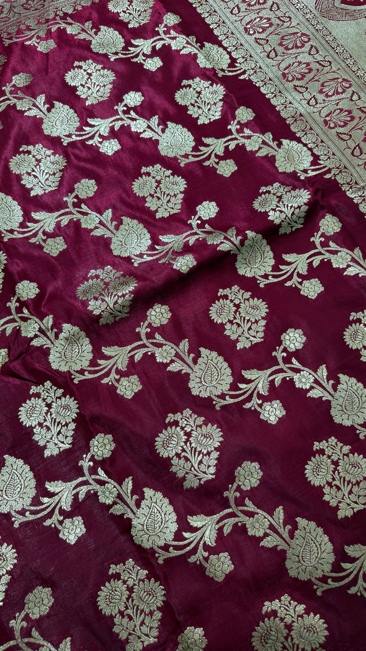 Maroon Banarasi Semi Katan Silk Saree, Golden Zari Floral, Wedding Festive Wear