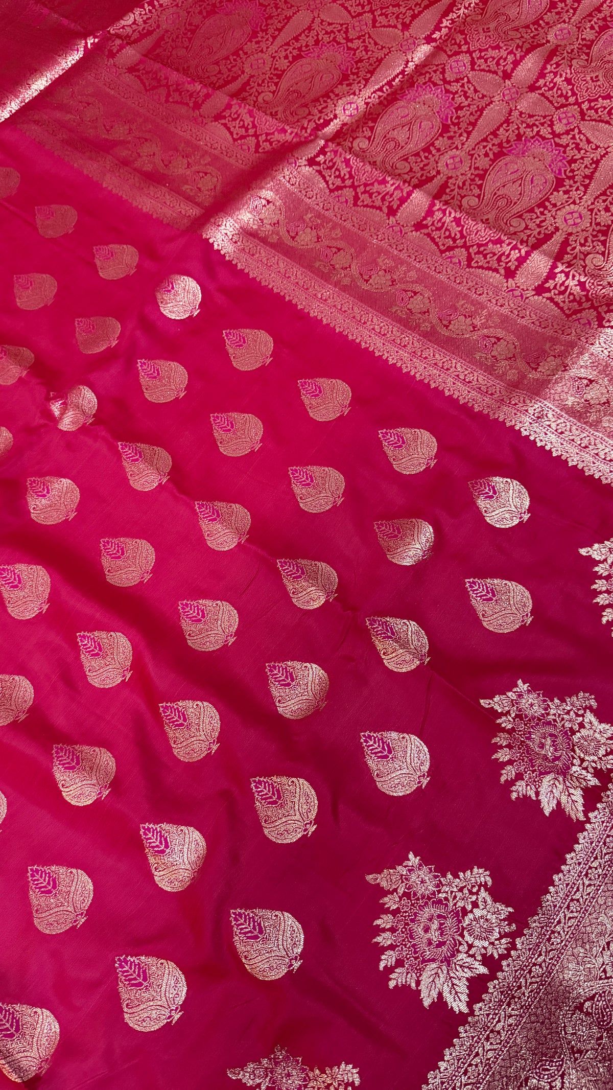 Emerald Green Banarasi Silk Saree, Rose Gold Zari Woven Border, Indian Wedding Festive Wear (Copy 9)