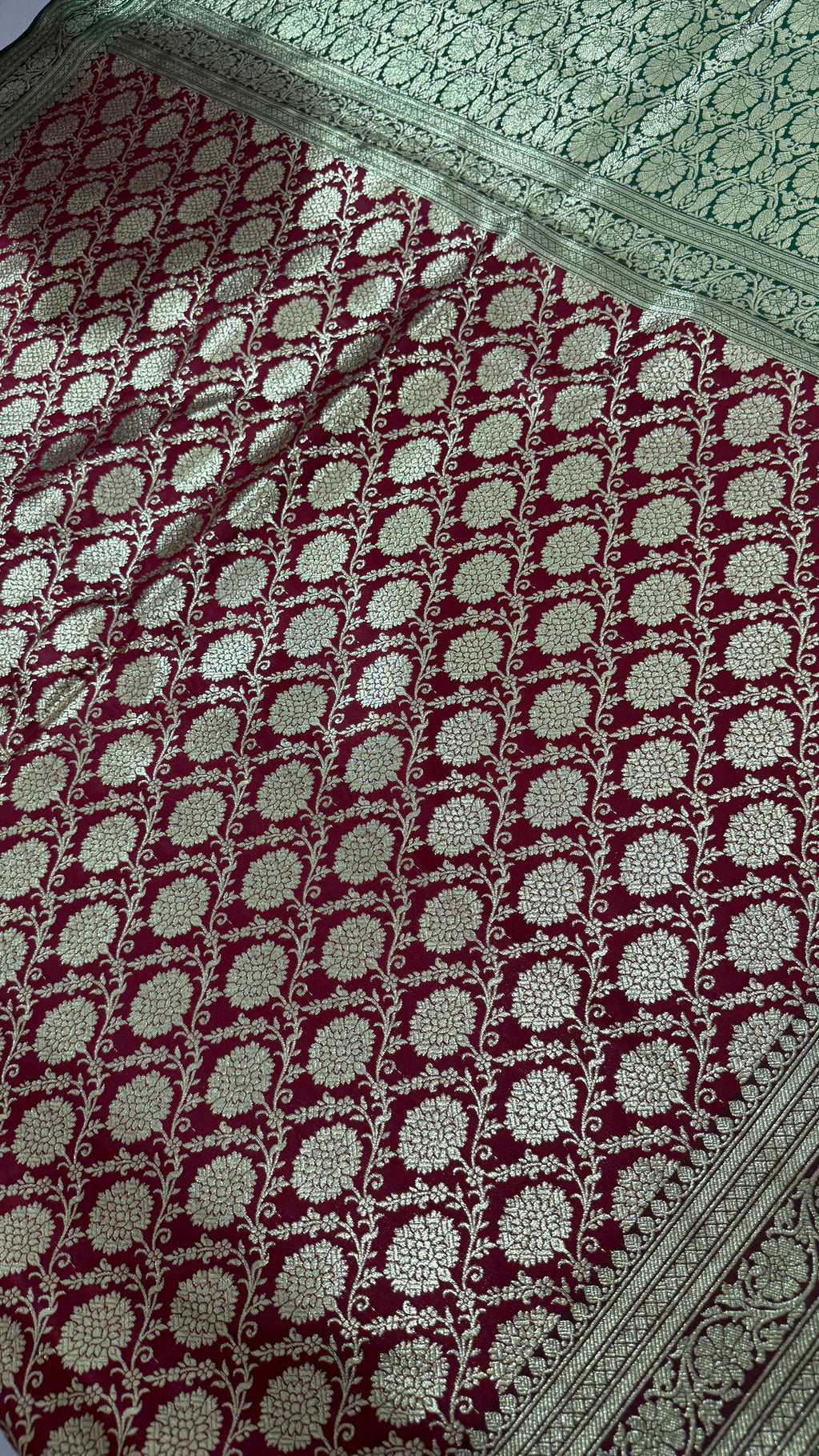 Maroon Green Banarasi Silk Saree, Gold Zari Floral Wedding Saree