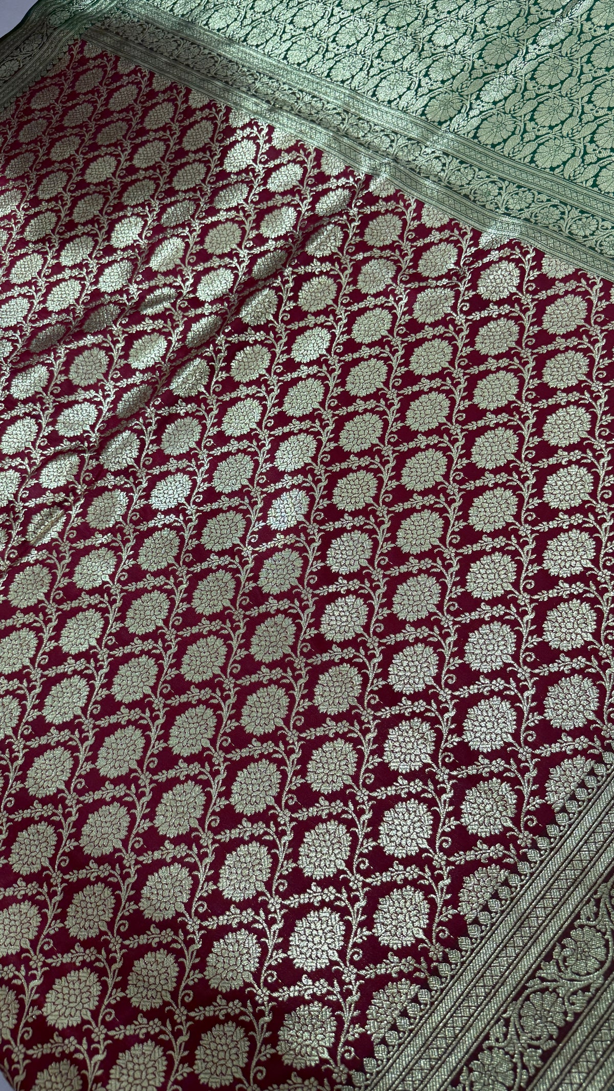 Maroon Green Banarasi Silk Saree, Gold Zari Floral Wedding Saree