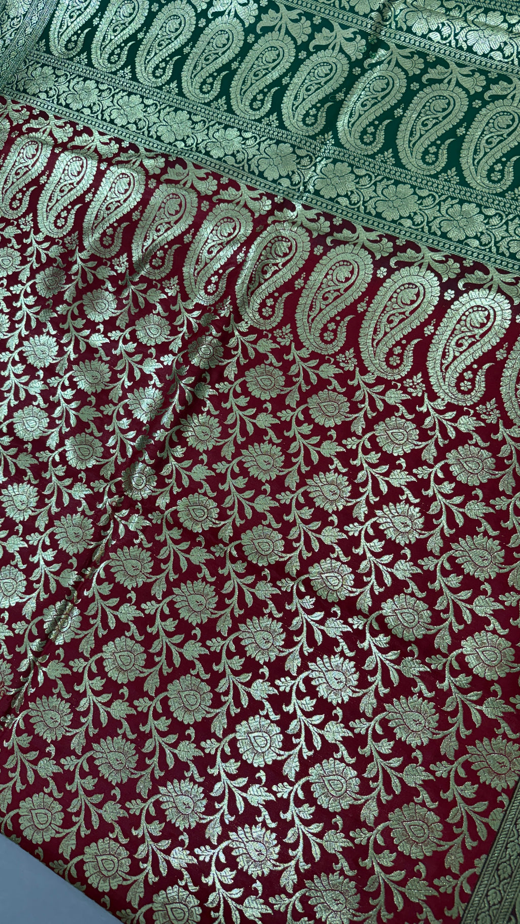 Maroon Green Banarasi Silk Saree, Gold Zari Floral Paisley Wedding Saree