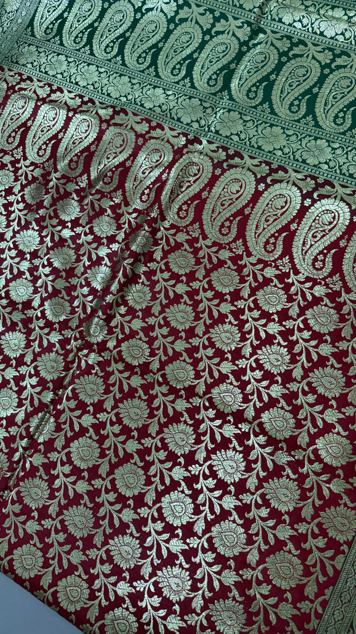 Maroon Green Banarasi Silk Saree, Gold Zari Floral Paisley Wedding Saree