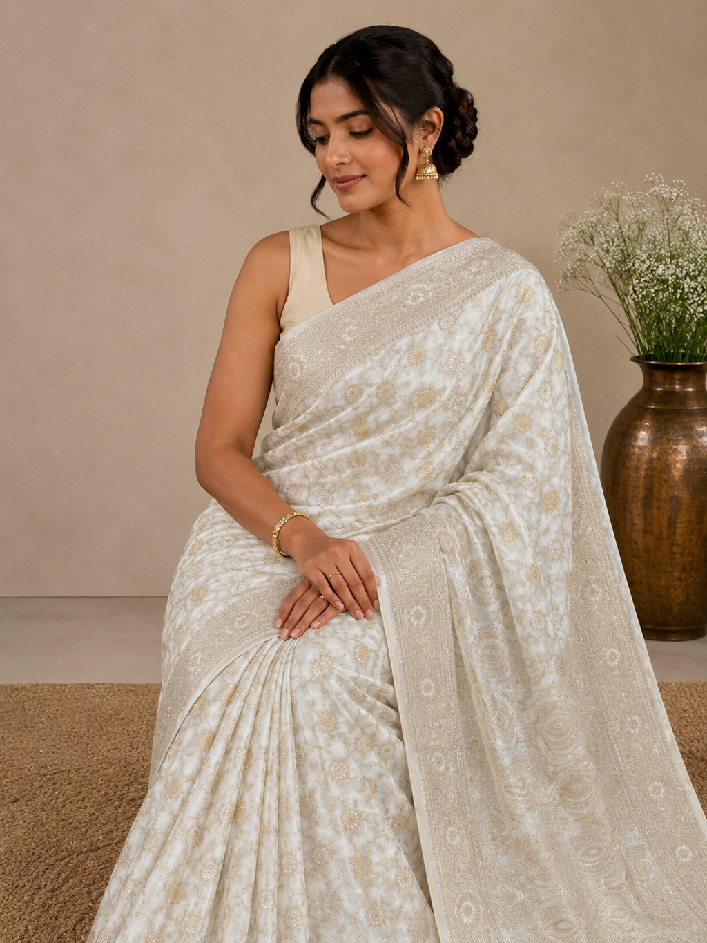 Ivory Dola Silk Cream Saree | Gold Zari Border, Floral Motifs, Banarasi Weave, Wedding Wear