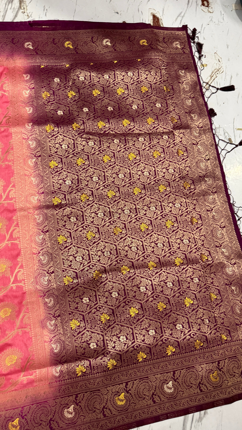 Pink Dola Silk Saree, Banarasi Zari Woven Floral Motifs, Maroon Border, Festive Wear