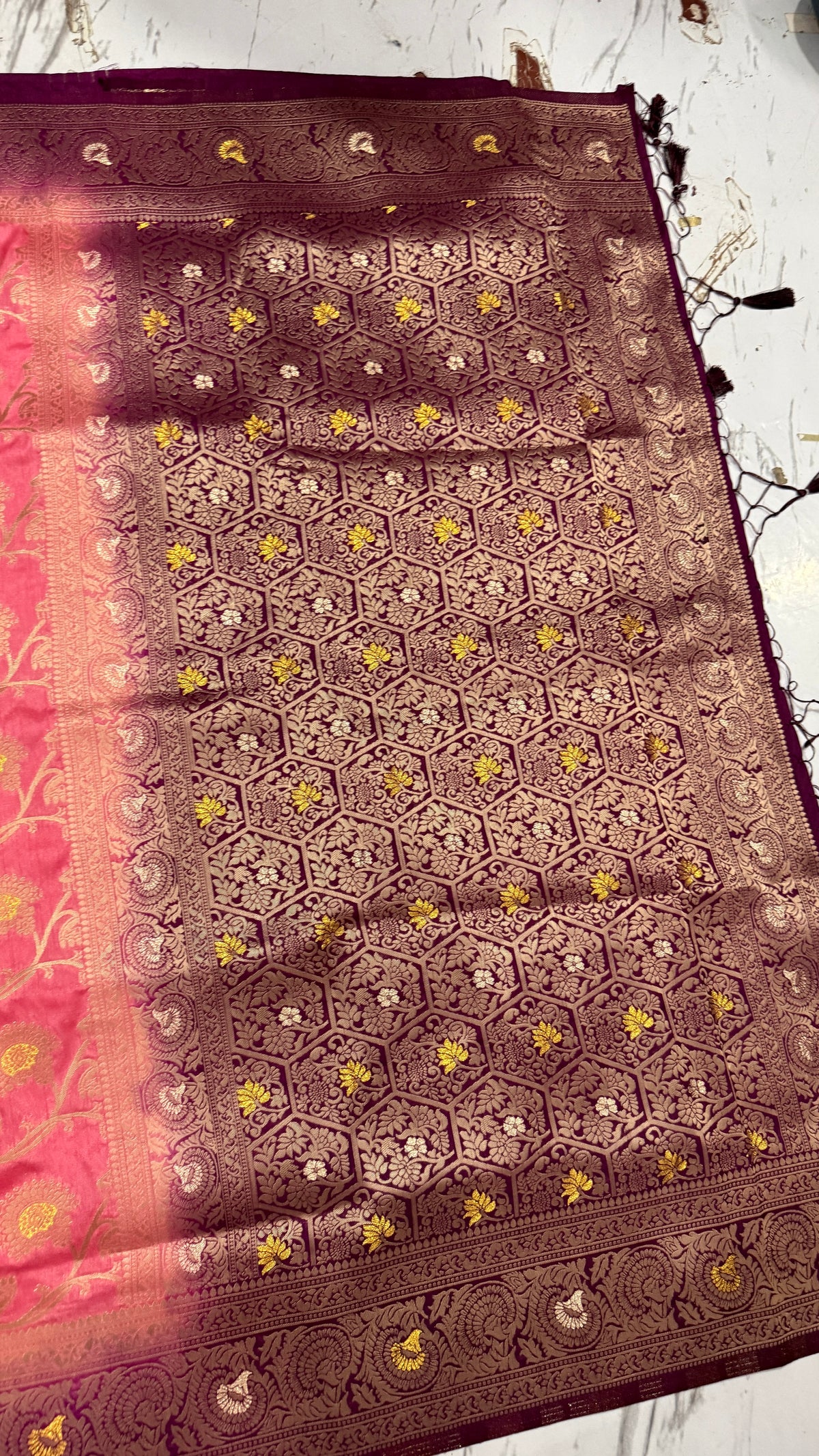 Pink Dola Silk Saree, Banarasi Zari Woven Floral Motifs, Maroon Border, Festive Wear