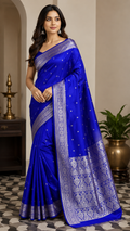 Royal Blue Satin Silk Saree, Silver Zari Border, Festive Ethnic Wear