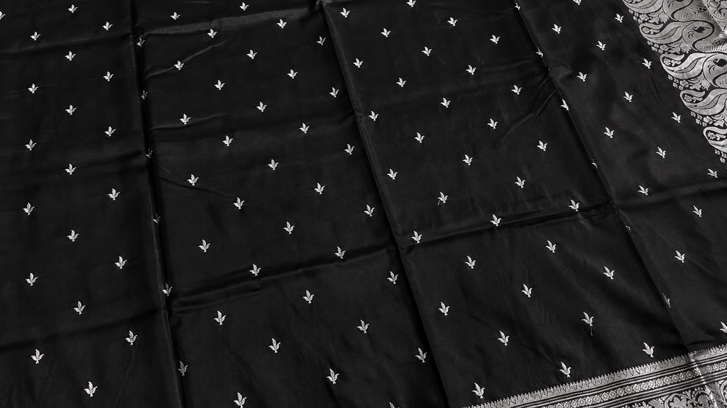 Black Satin Silk Saree, Silver Zari Border, Peacock Paisley Pallu, Wedding Wear