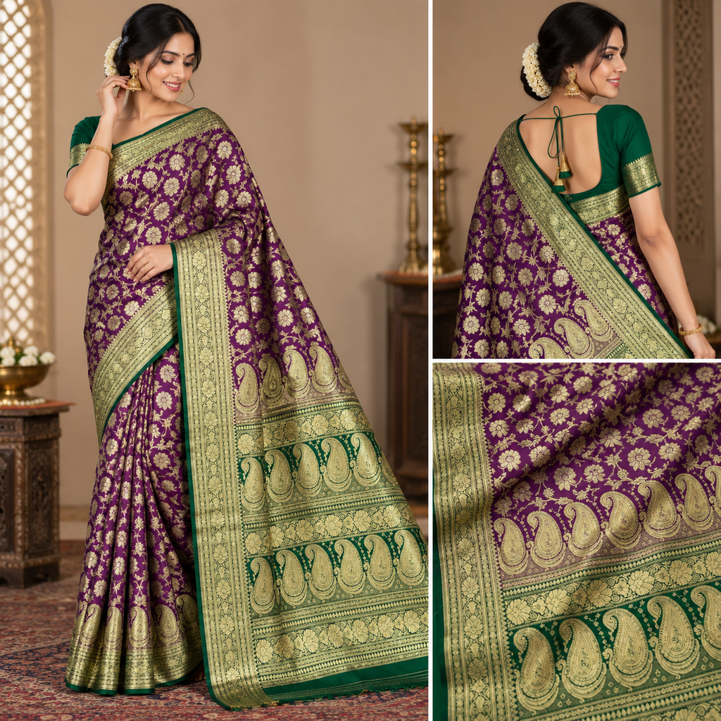 Purple Green Banarasi Silk Saree, Gold Zari Floral Paisley Wedding Saree