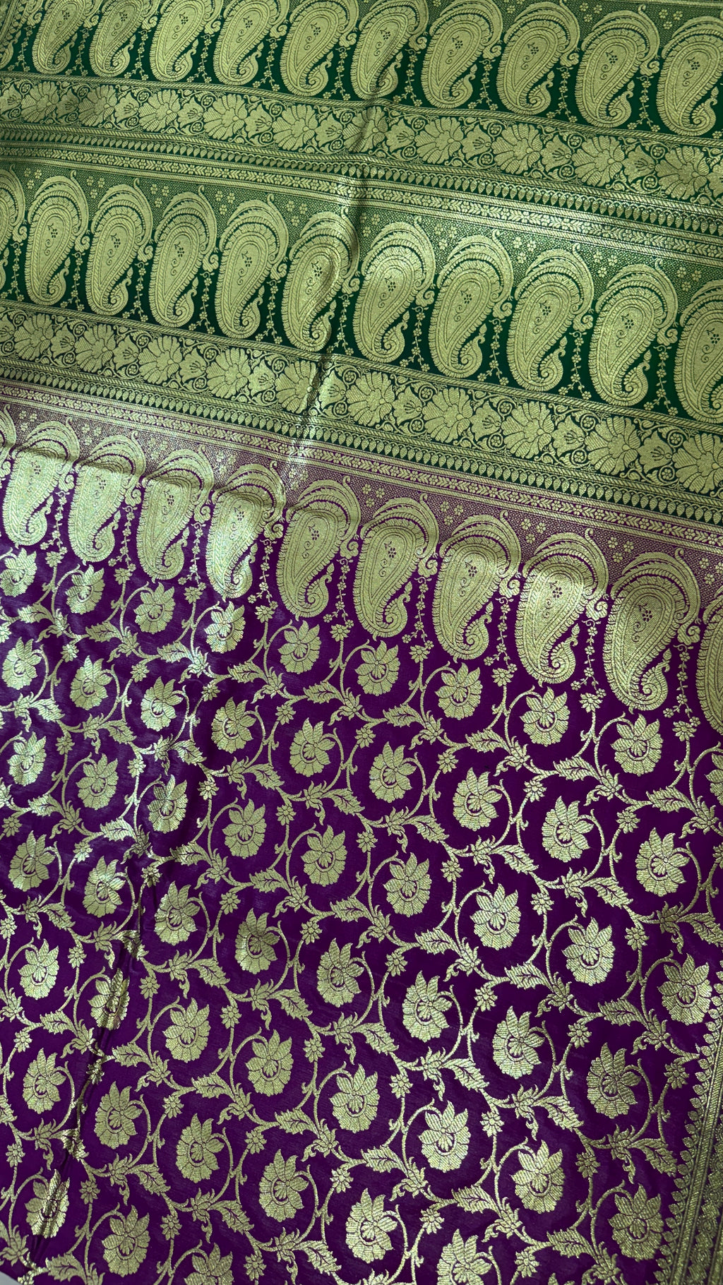 Purple Green Banarasi Silk Saree, Gold Zari Floral Paisley Wedding Saree