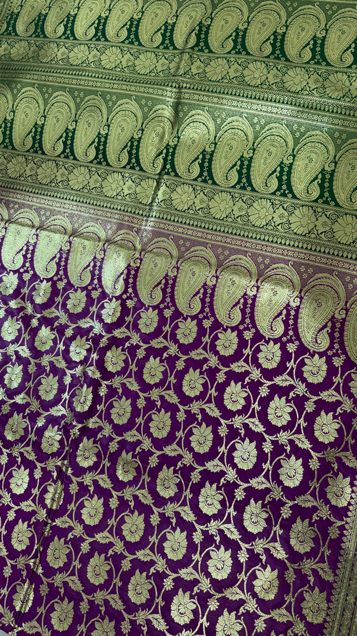 Purple Green Banarasi Silk Saree, Gold Zari Floral Paisley Wedding Saree
