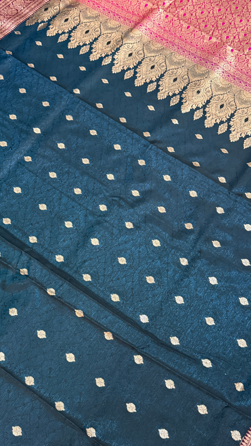 Navy Blue Pink Banarasi Silk Saree, Golden Zari Woven, Wedding Festive Wear