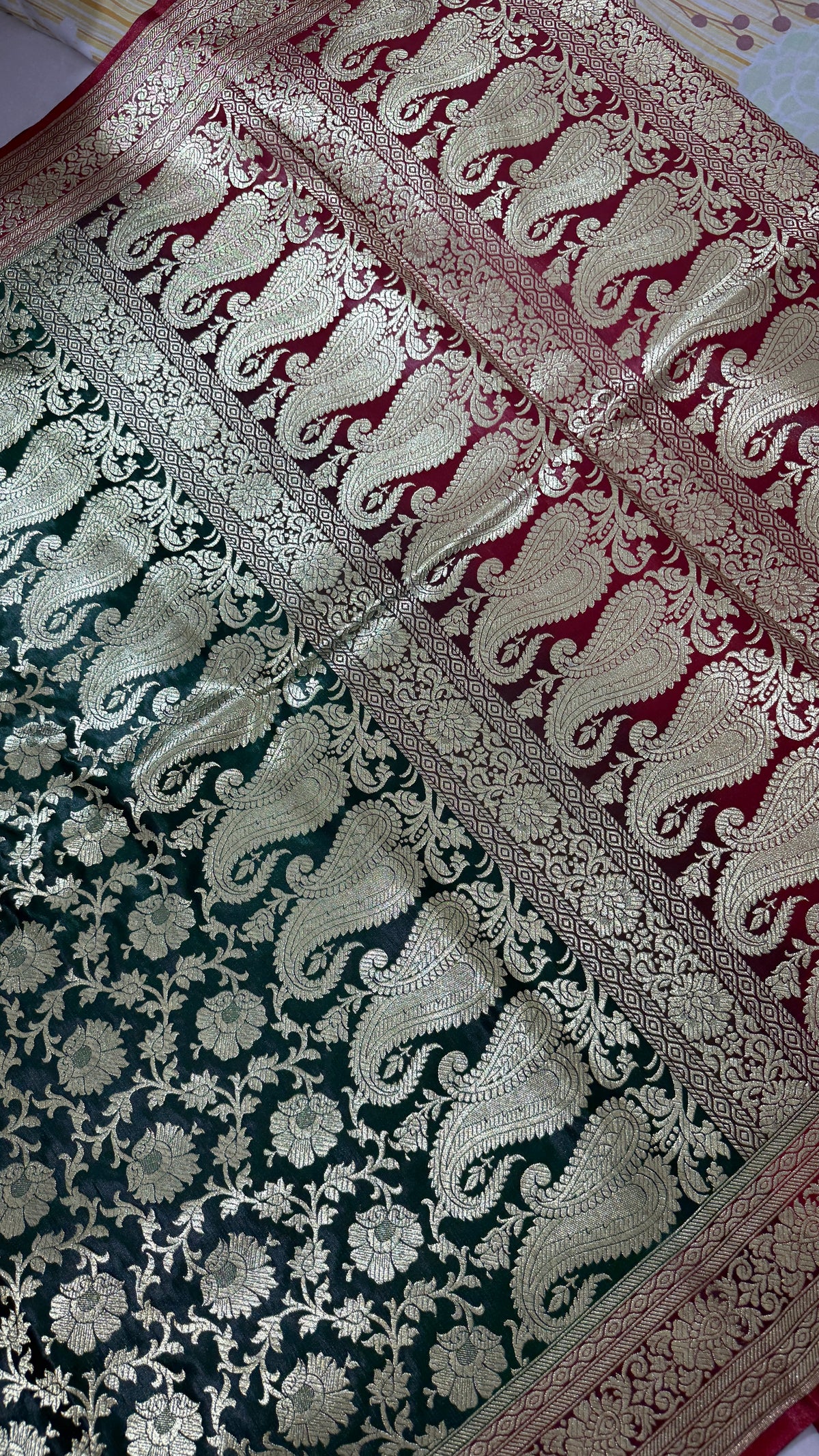 Dark Green Maroon Banarasi Silk Saree, Gold Zari Floral Paisley Wedding Saree