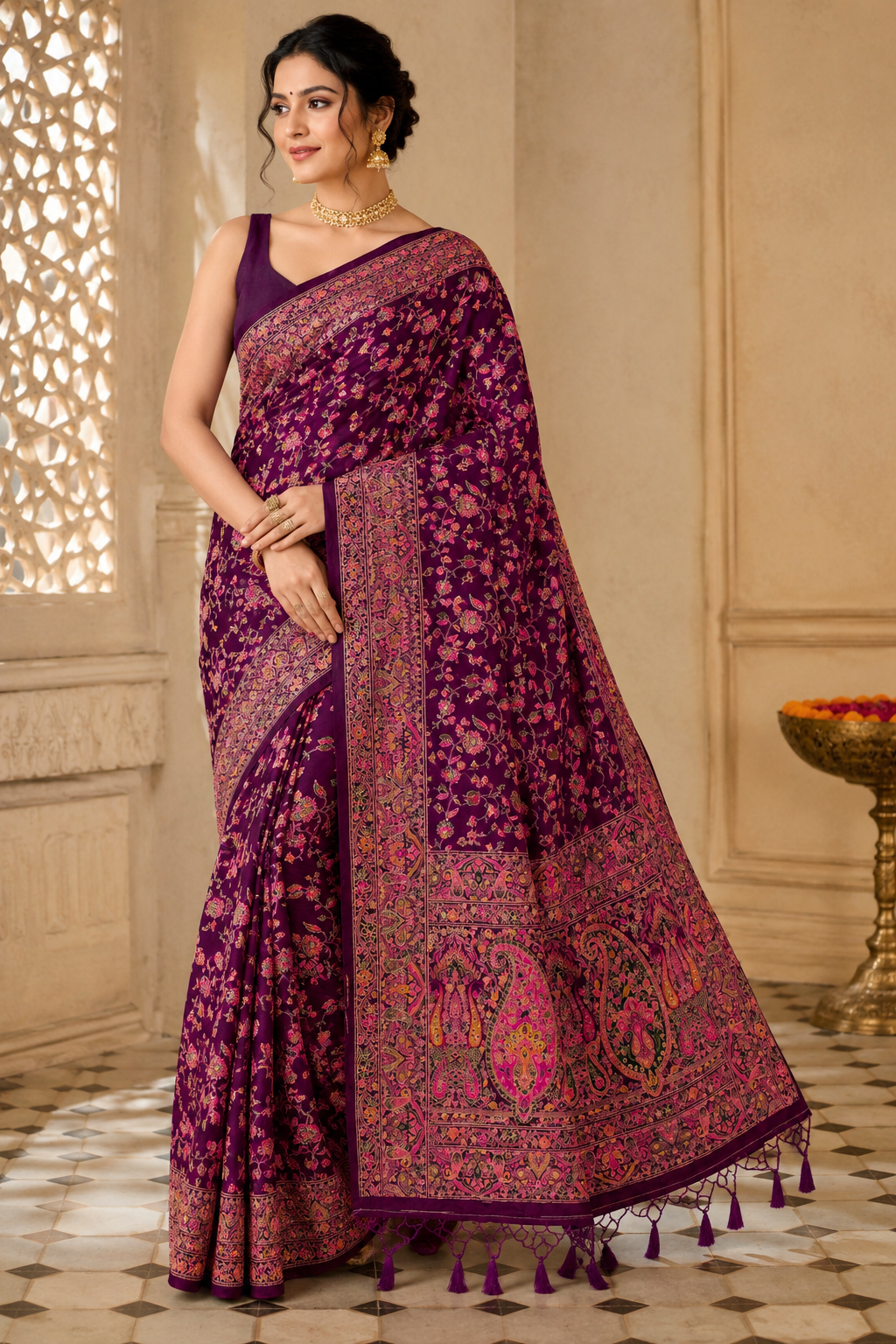 Deep Purple Pashmina Silk Saree, Kashmiri Floral Paisley Border, Indian Wedding Festive Wear