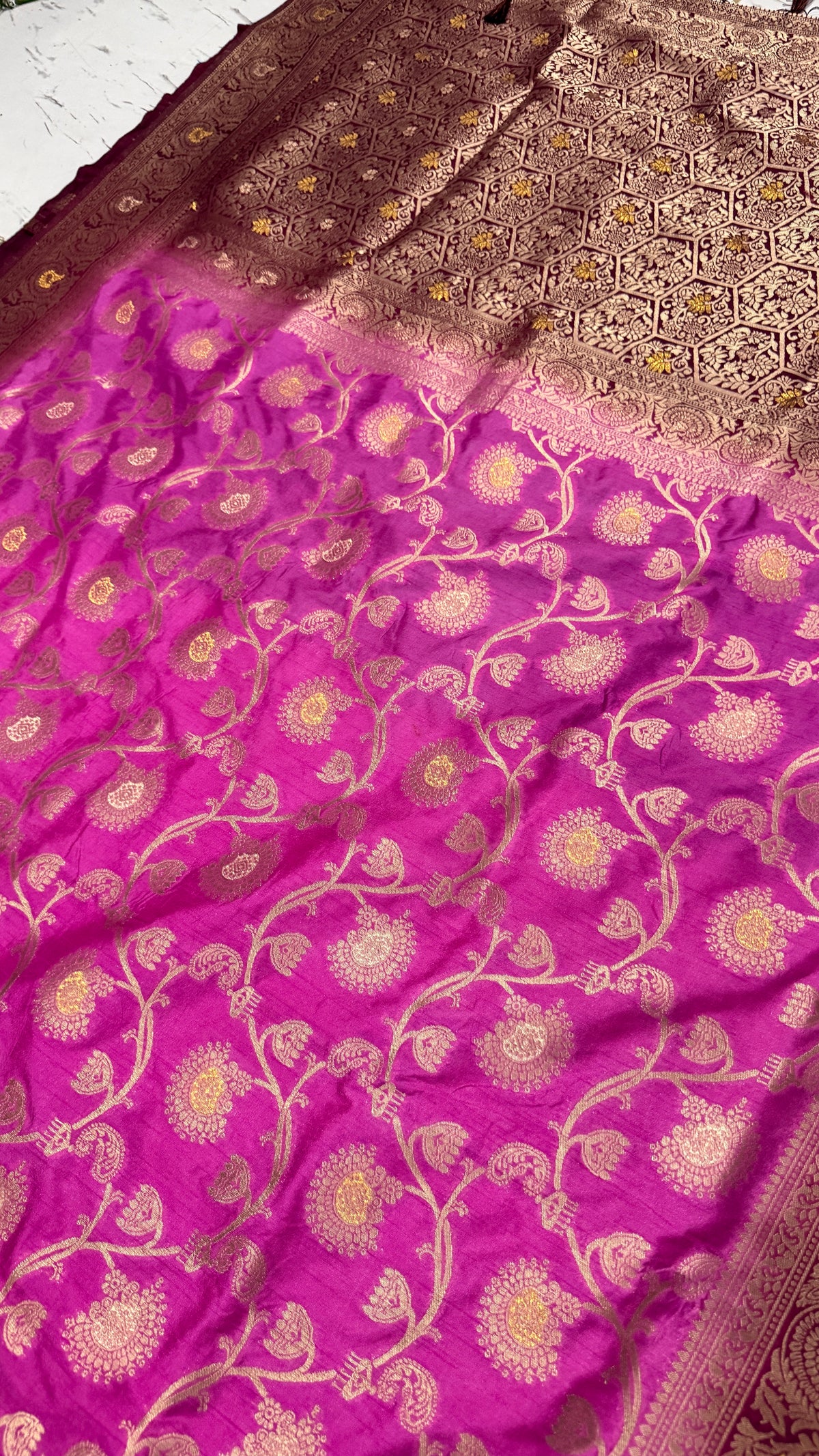 Magenta Dola Silk Saree, Banarasi Zari Woven Floral, Indian Wedding Festive Wear