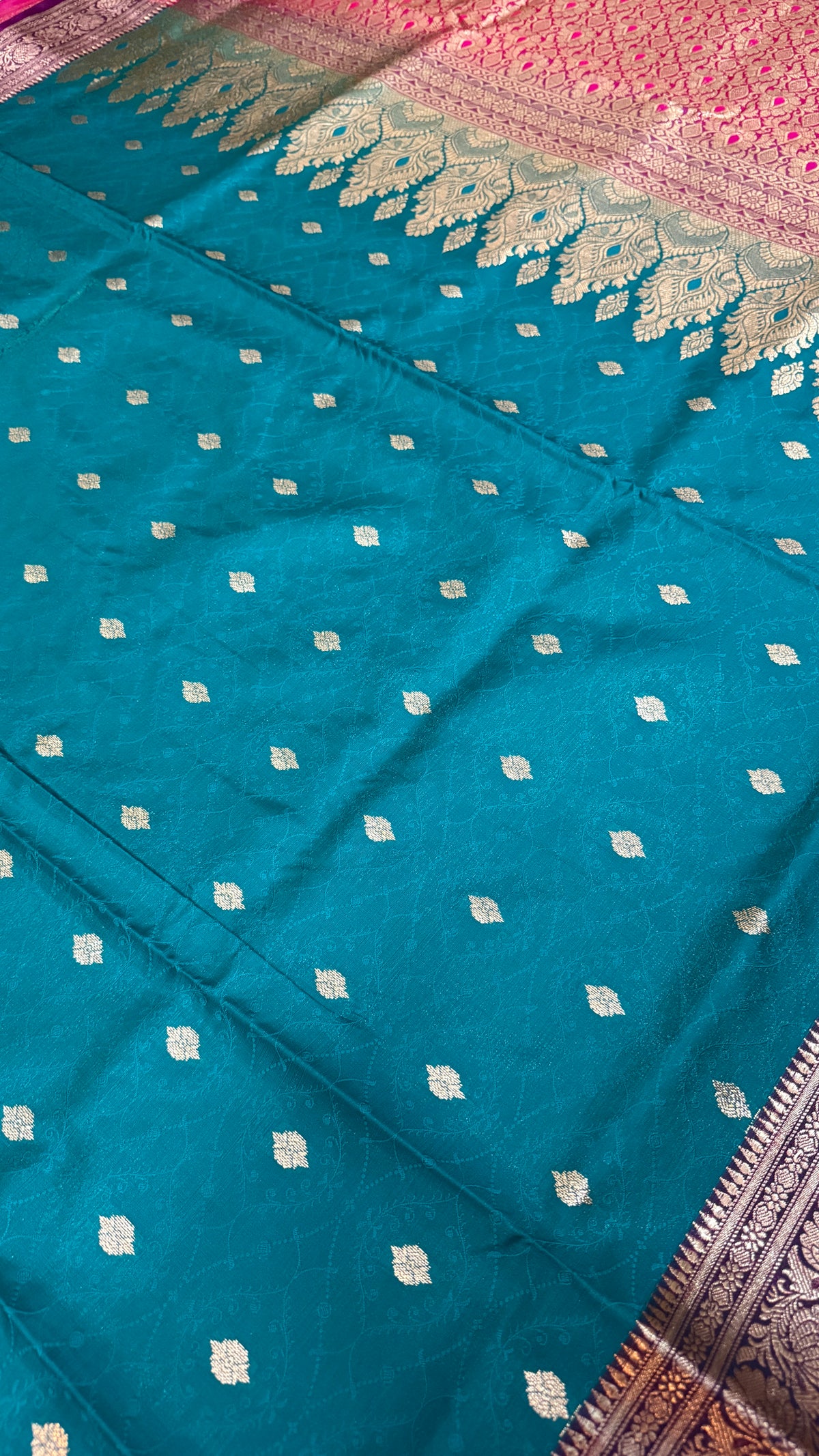 Teal Blue Banarasi Silk Saree, Pink Zari Border, Traditional Indian Wedding Wear