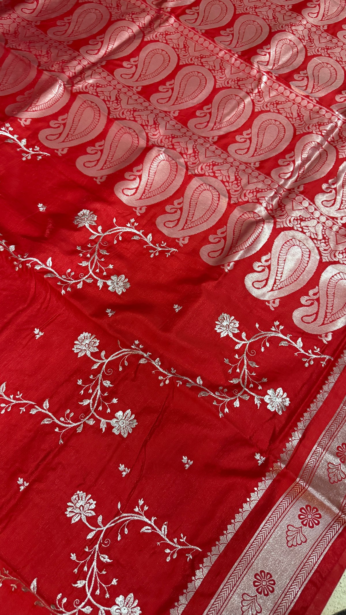 Red Satin Silk Saree, Floral Vine, Silver Border, Paisley Pallu (Wedding Wear)