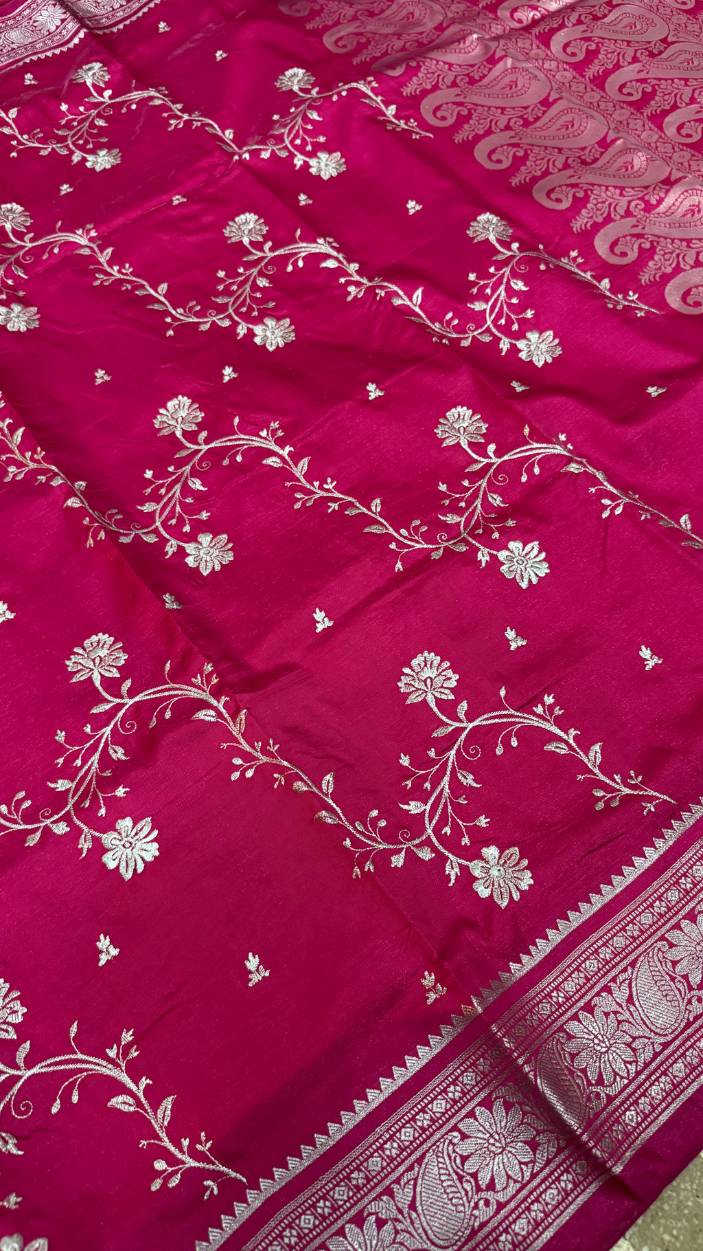 Magenta Satin Silk Saree, Floral Paisley Woven Design, Wedding Party Wear