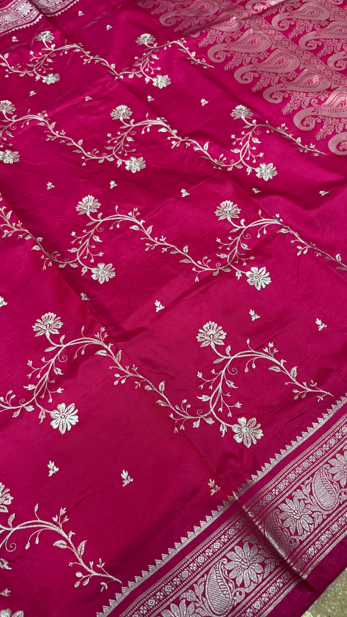 Magenta Satin Silk Saree, Floral Paisley Woven Design, Wedding Party Wear
