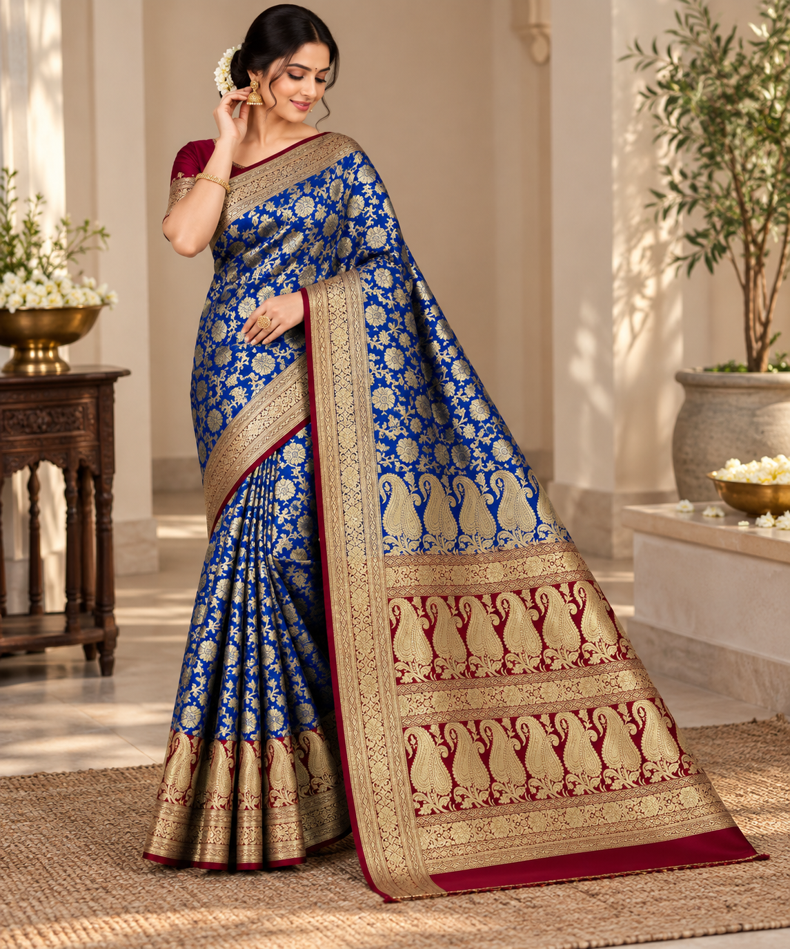 Royal Blue Maroon Banarasi Silk Saree, Gold Zari Floral Paisley (Wedding)