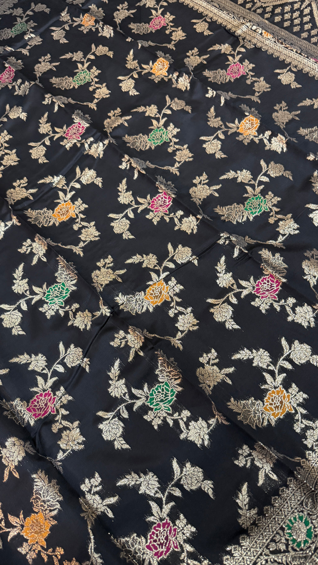 Black Georgette Silk Saree, Floral Zari, Traditional Wedding Wear