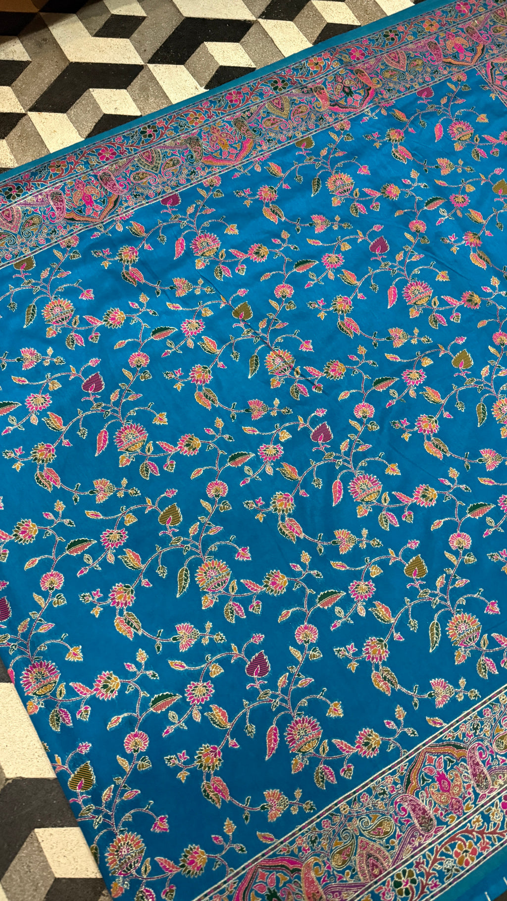 Royal Blue Pashmina Silk Saree, Kashmiri Floral Paisley Woven Indian Wedding Wear