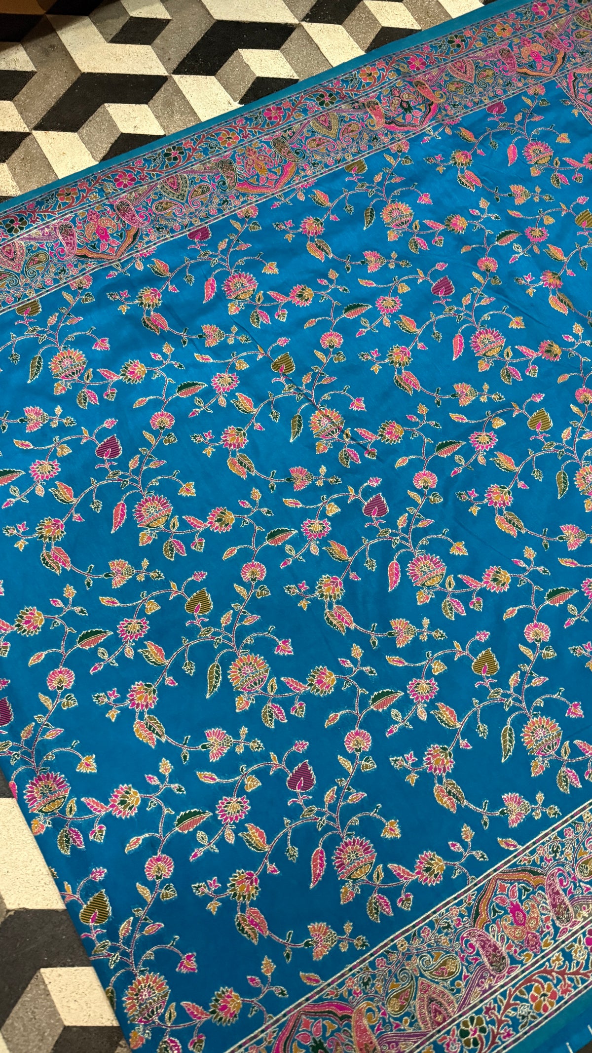 Royal Blue Pashmina Silk Saree, Kashmiri Floral Paisley Woven Indian Wedding Wear