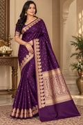 Royal Purple Banarasi Mashru Silk Saree, Gold Zari Woven, Wedding Festive