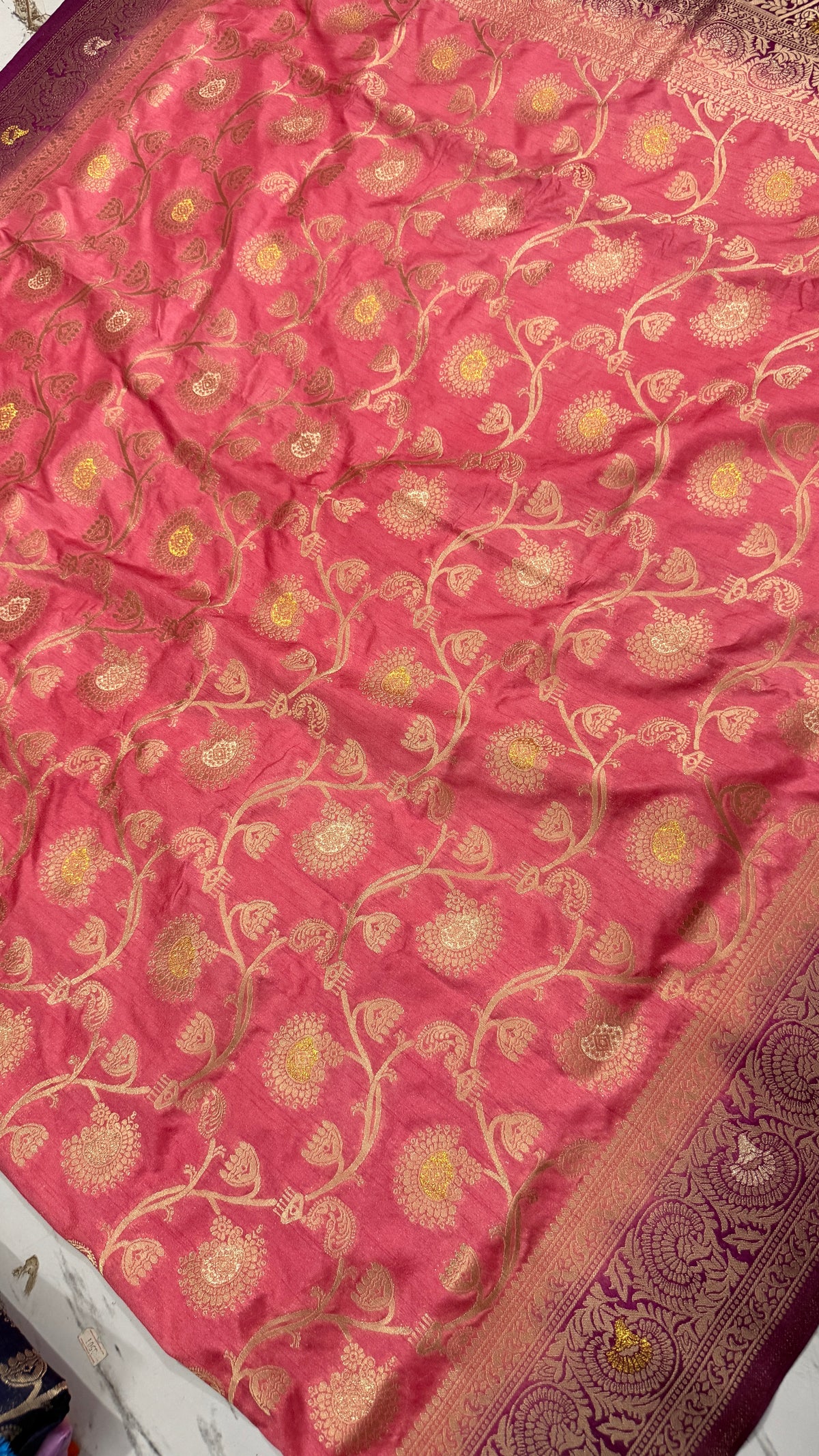 Pink Dola Silk Saree, Banarasi Zari Woven Floral Motifs, Maroon Border, Festive Wear