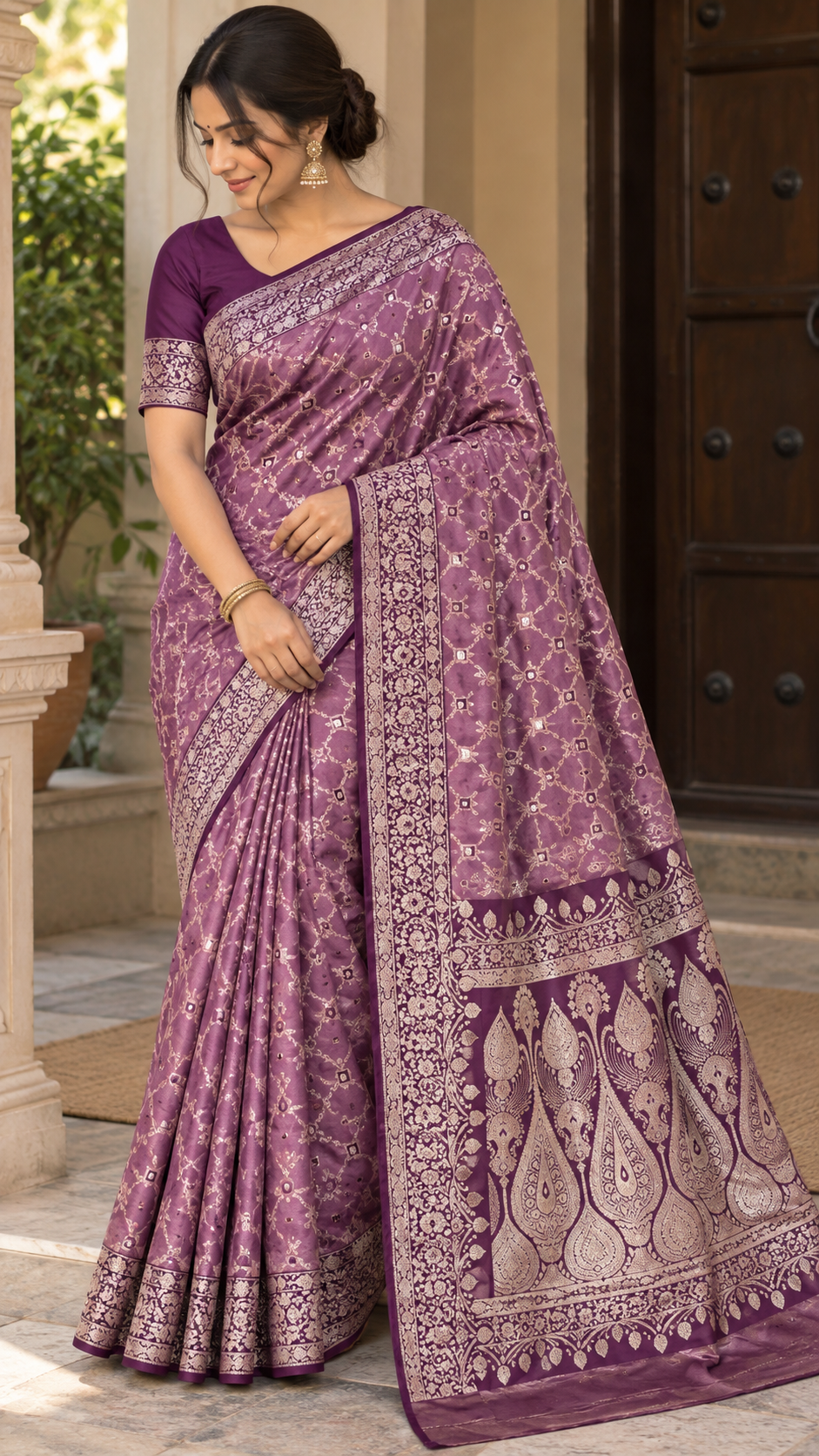 Emerald Green Banarasi Silk Saree, Rose Gold Zari Woven Border, Indian Wedding Festive Wear (Copy 5)