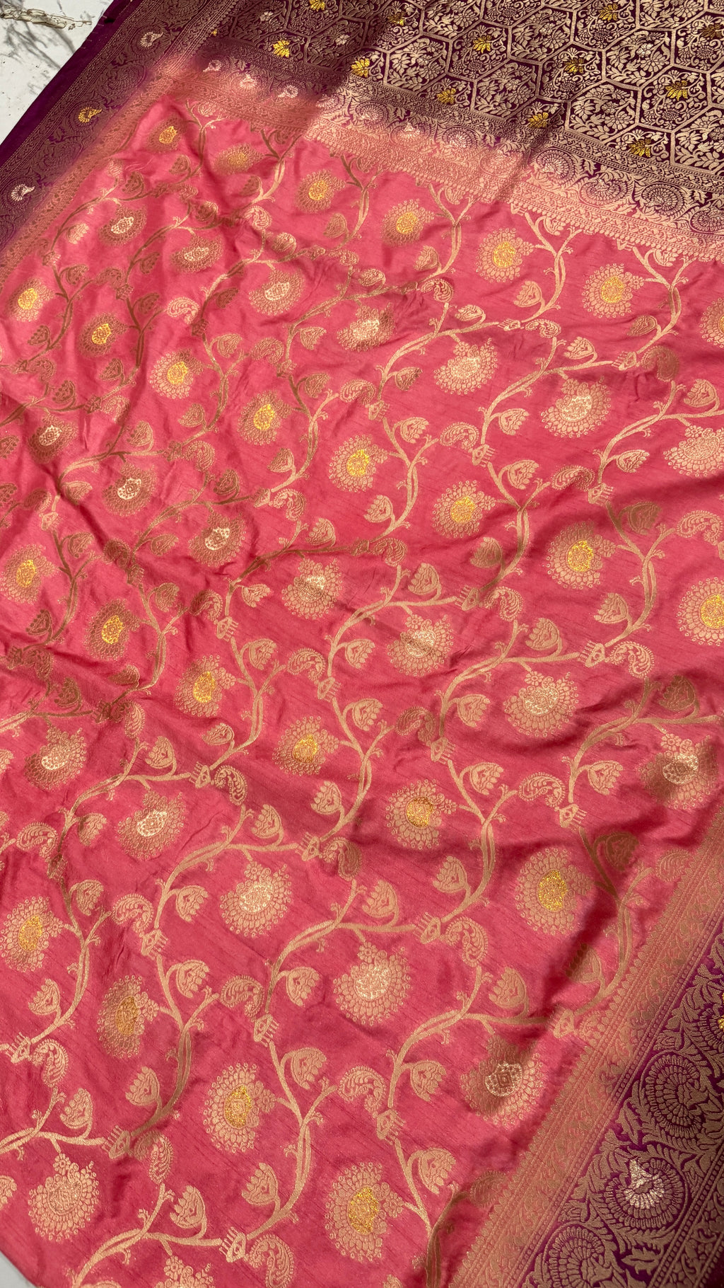Pink Dola Silk Saree, Banarasi Zari Woven Floral Motifs, Maroon Border, Festive Wear