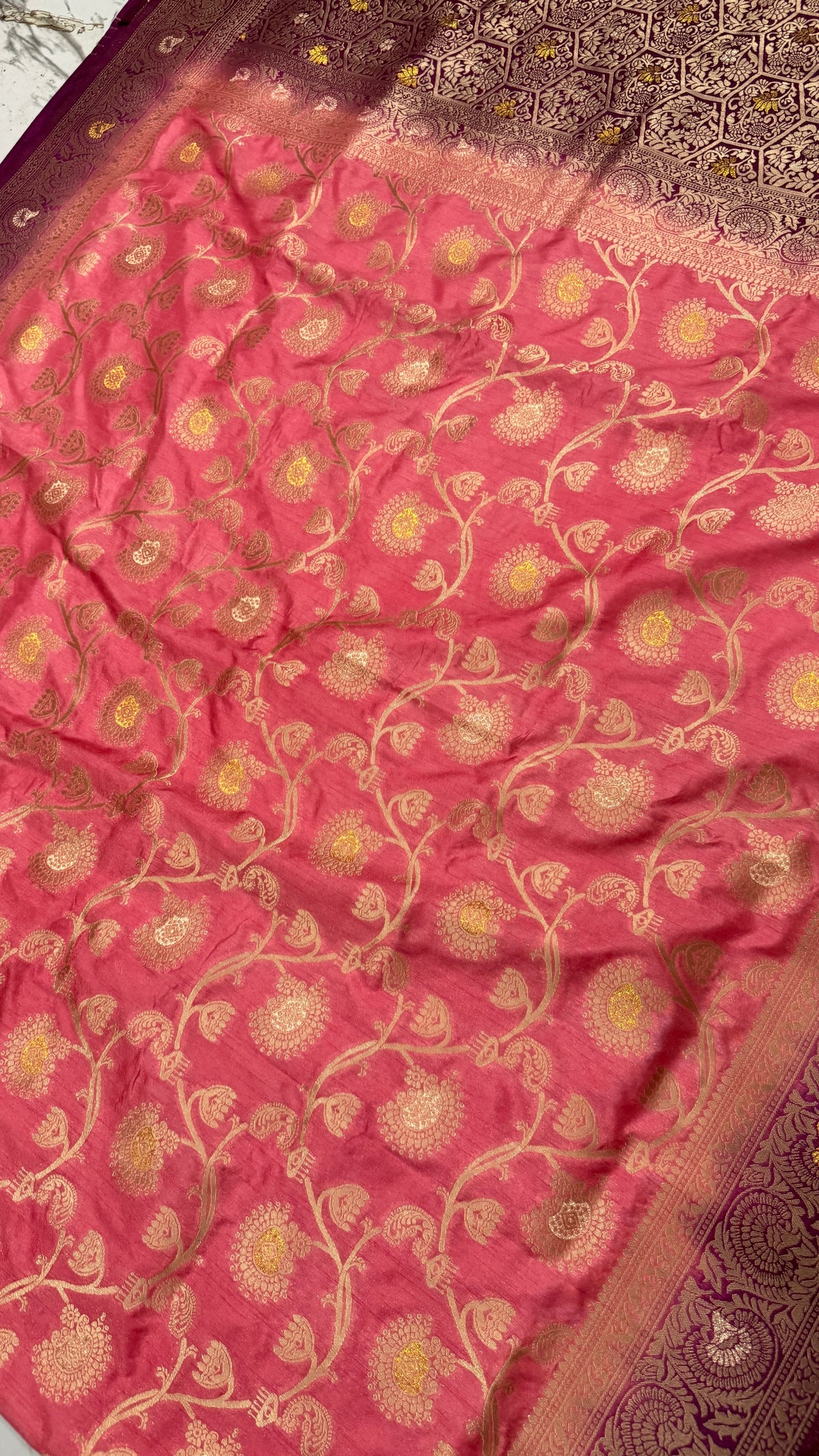 Pink Dola Silk Saree, Banarasi Zari Woven Floral Motifs, Maroon Border, Festive Wear