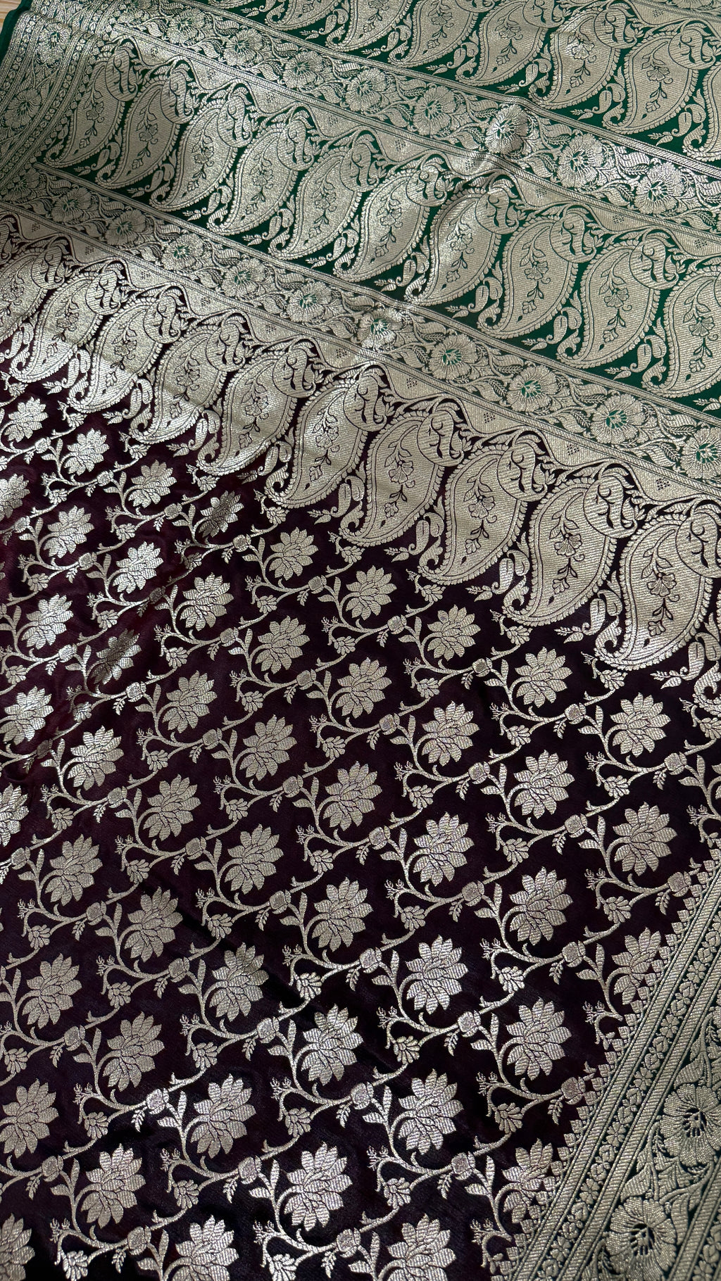 Wine Green Banarasi Silk Saree | Golden Floral Woven Traditional Indian Saree