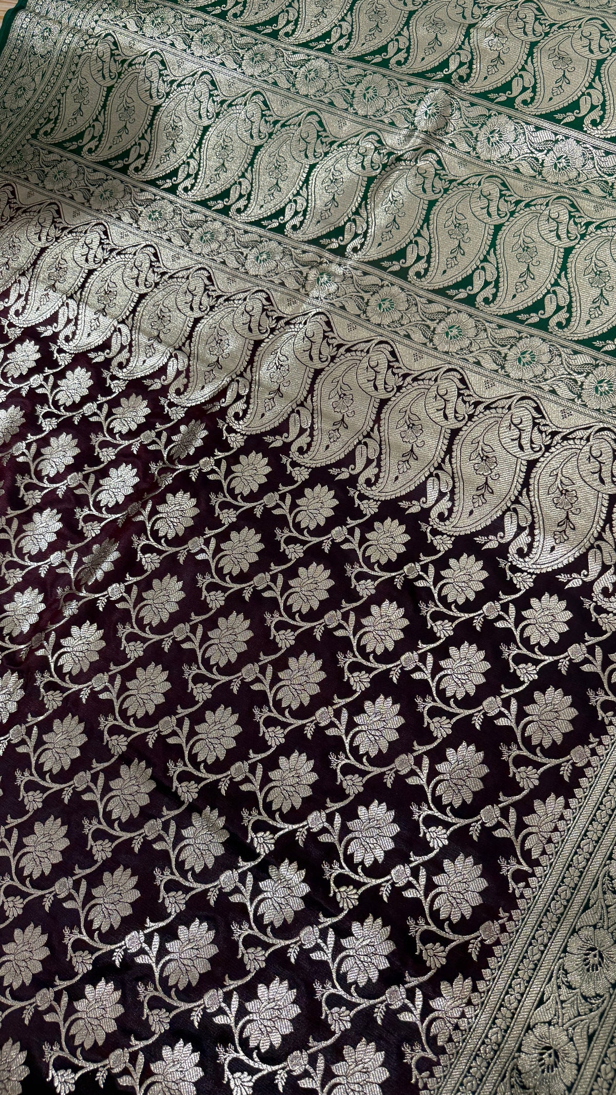 Wine Green Banarasi Silk Saree | Golden Floral Woven Traditional Indian Saree