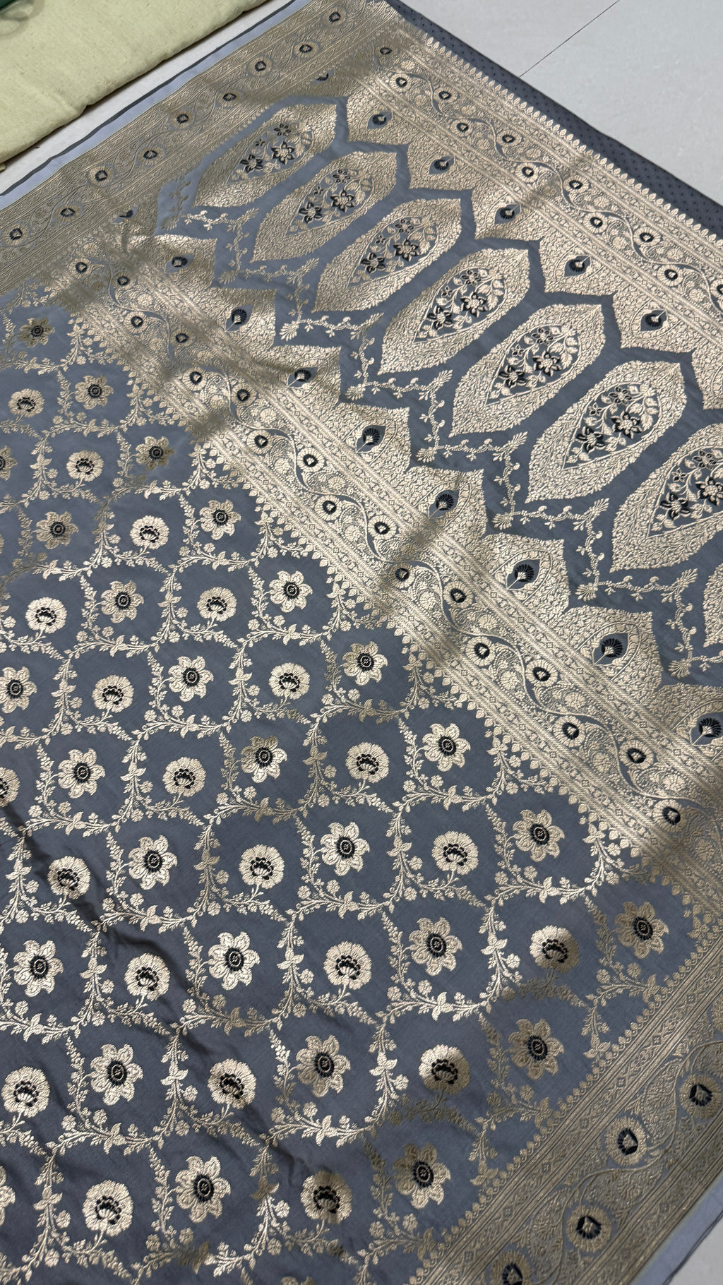 Pure Katan Silk Saree, Slate Grey Banarasi, Gold Zari Floral Weave, Wedding Ethnic Wear