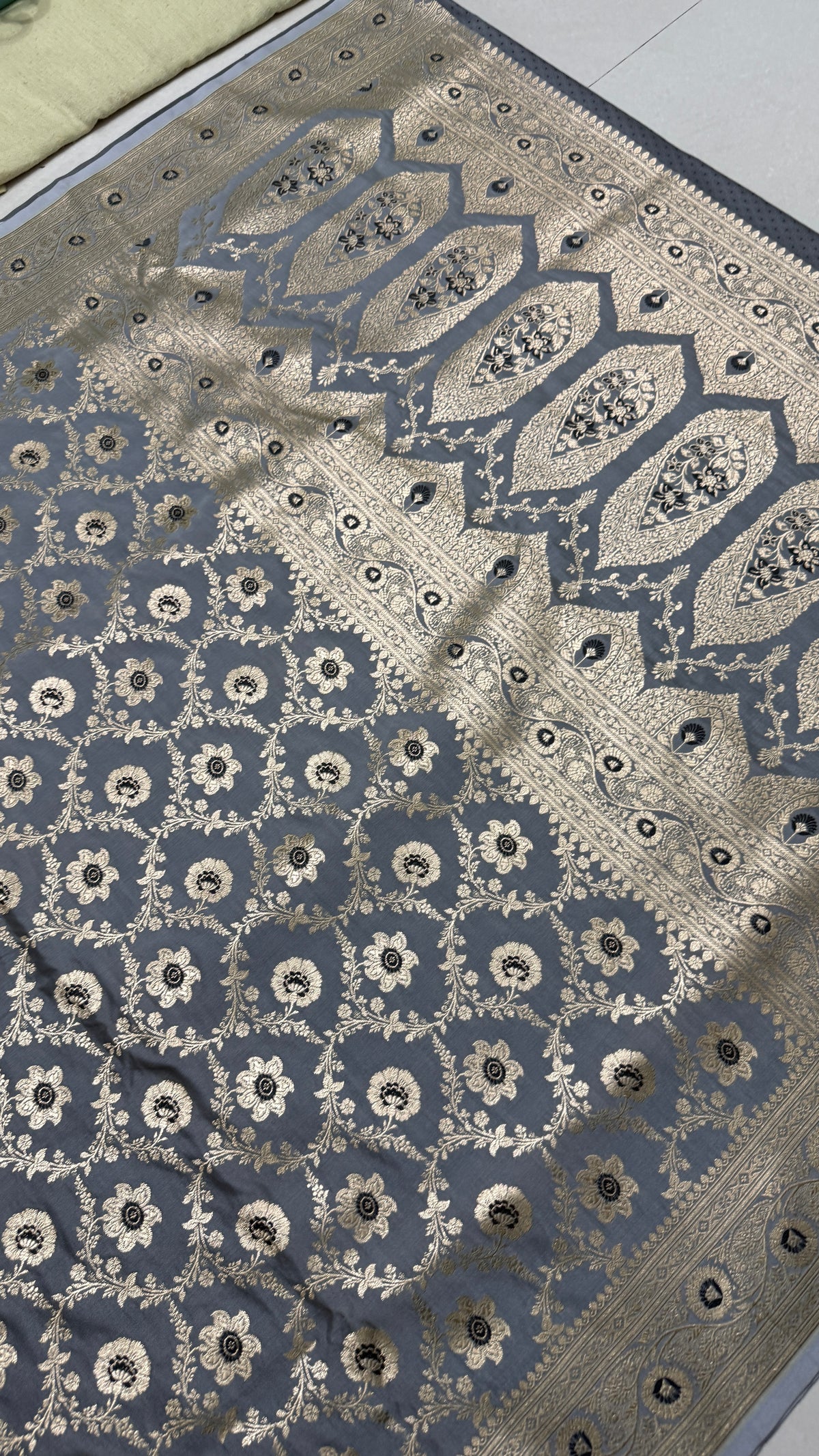 Pure Katan Silk Saree, Slate Grey Banarasi, Gold Zari Floral Weave, Wedding Ethnic Wear