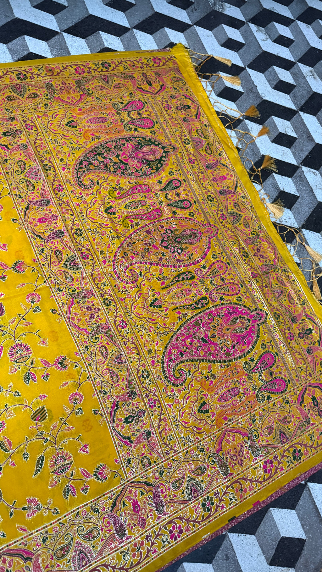 Mustard Yellow Pashmina Silk Saree, Kashmiri Floral Woven Paisley Border, Indian Festive Wear