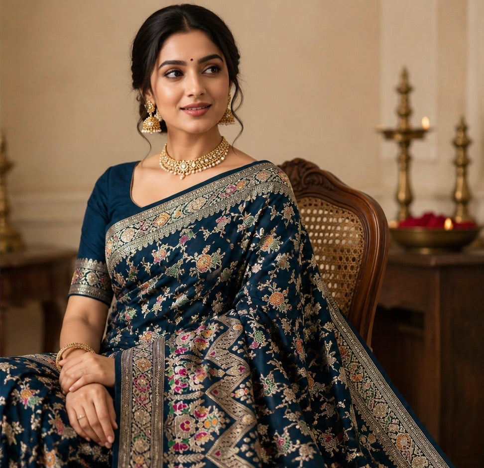 Teal Blue Floral Georgette Silk Saree | Indian Wedding Saree | Traditional Festive Wear for Women
