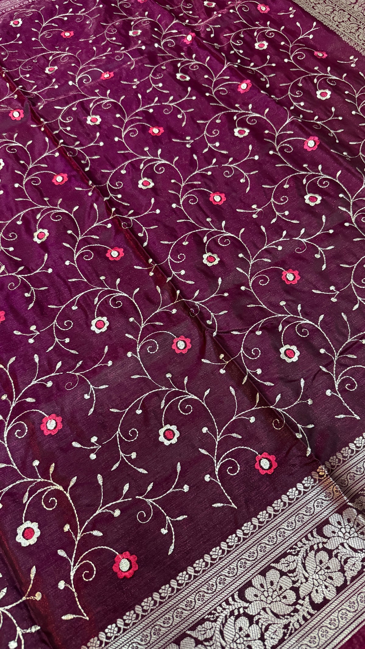 Wine Purple Satin Silk Saree, Floral Vine, Silver Border, Paisley Pallu