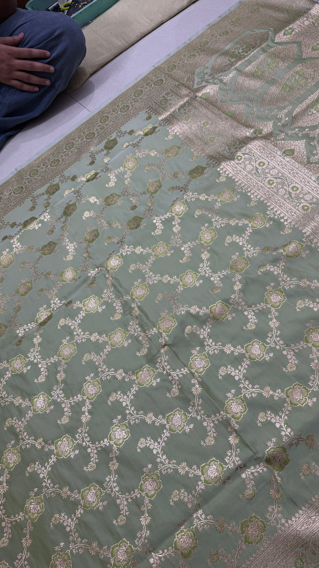 Pure Katan Silk Saree: Sage Green Zari Weave, Floral Motifs, Traditional Indian Wedding Wear