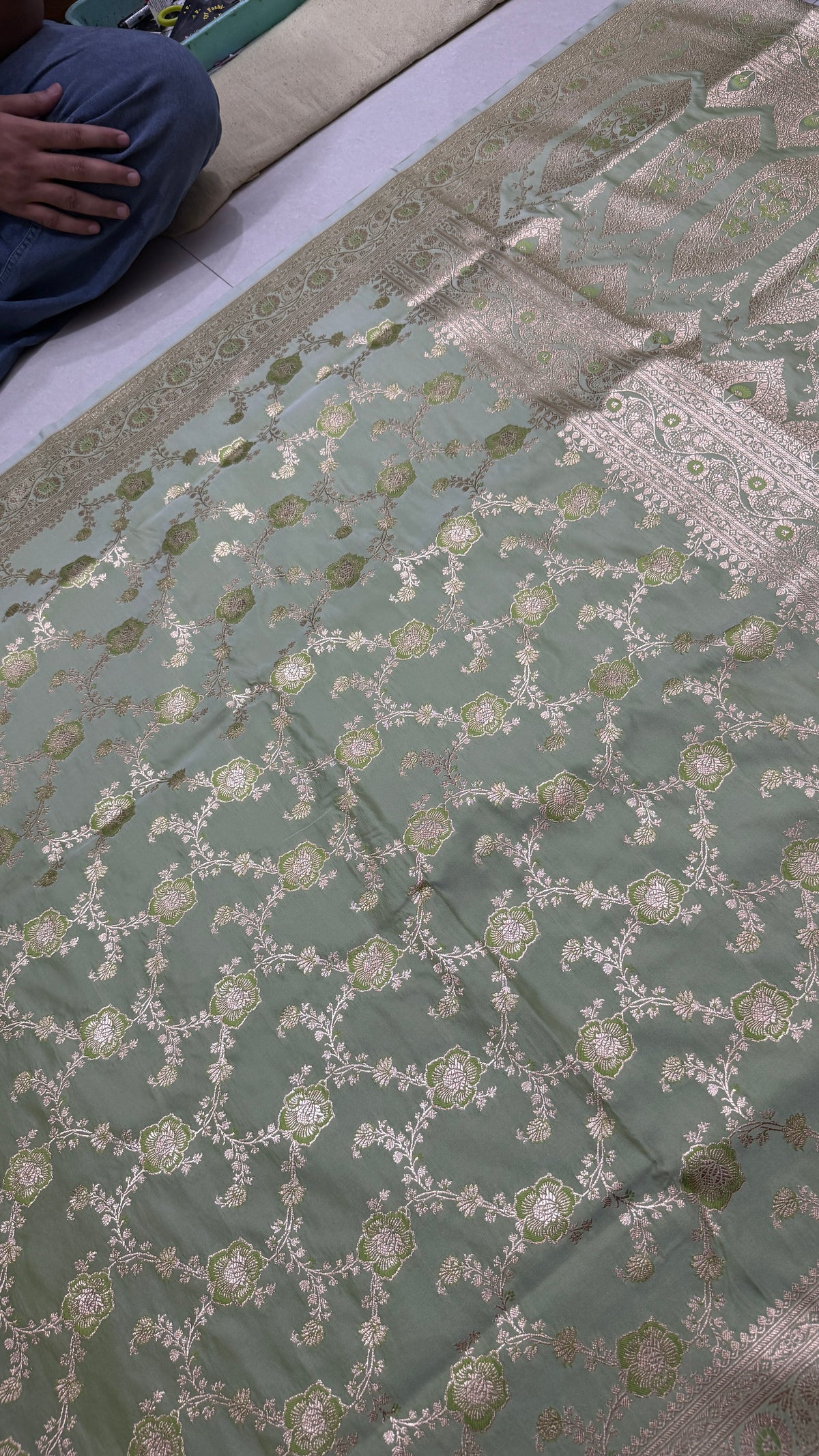 Pure Katan Silk Saree: Sage Green Zari Weave, Floral Motifs, Traditional Indian Wedding Wear
