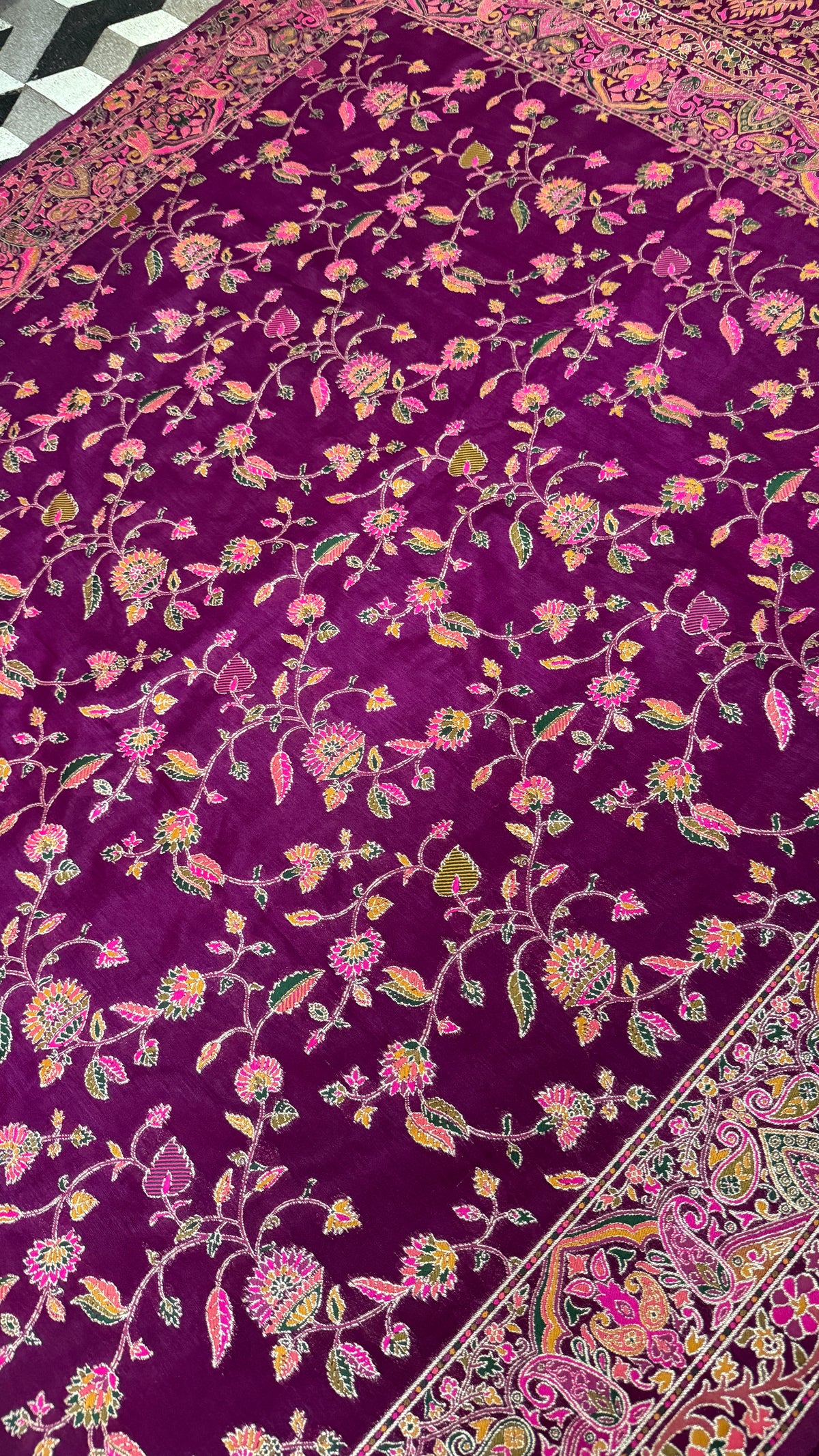 Deep Purple Pashmina Silk Saree, Kashmiri Floral Paisley Border, Indian Wedding Festive Wear