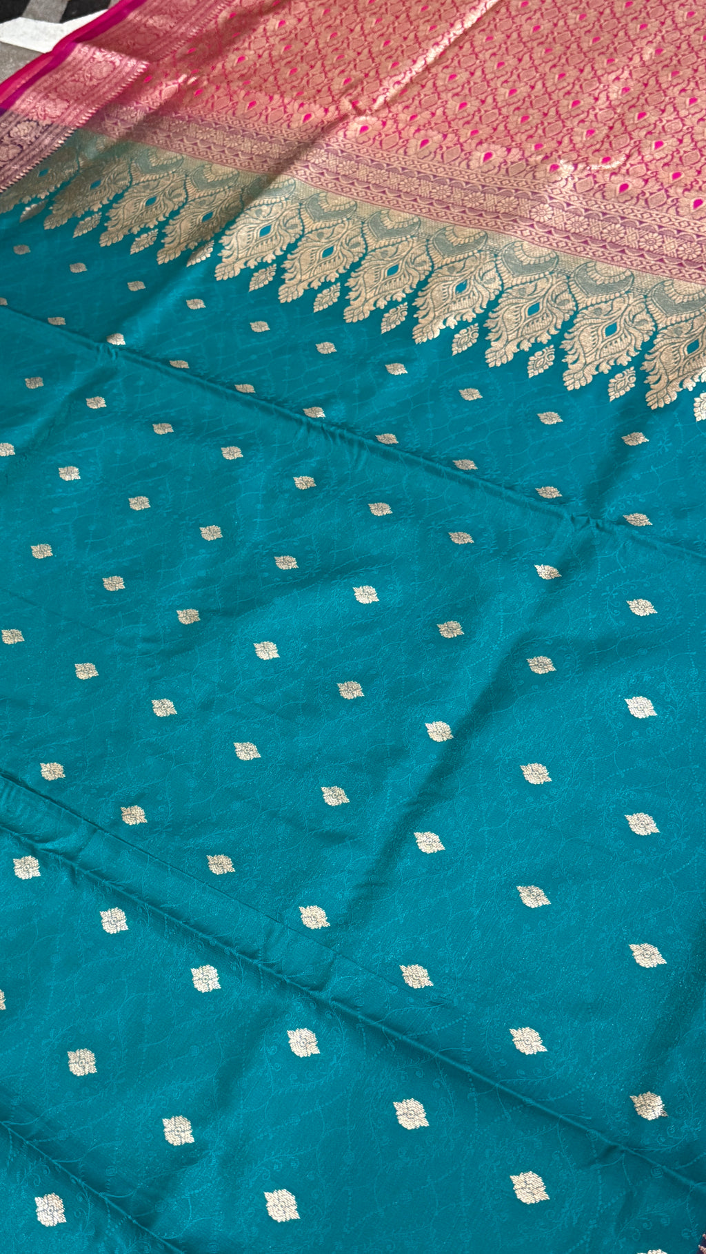 Teal Blue Banarasi Silk Saree, Pink Zari Border, Traditional Indian Wedding Wear