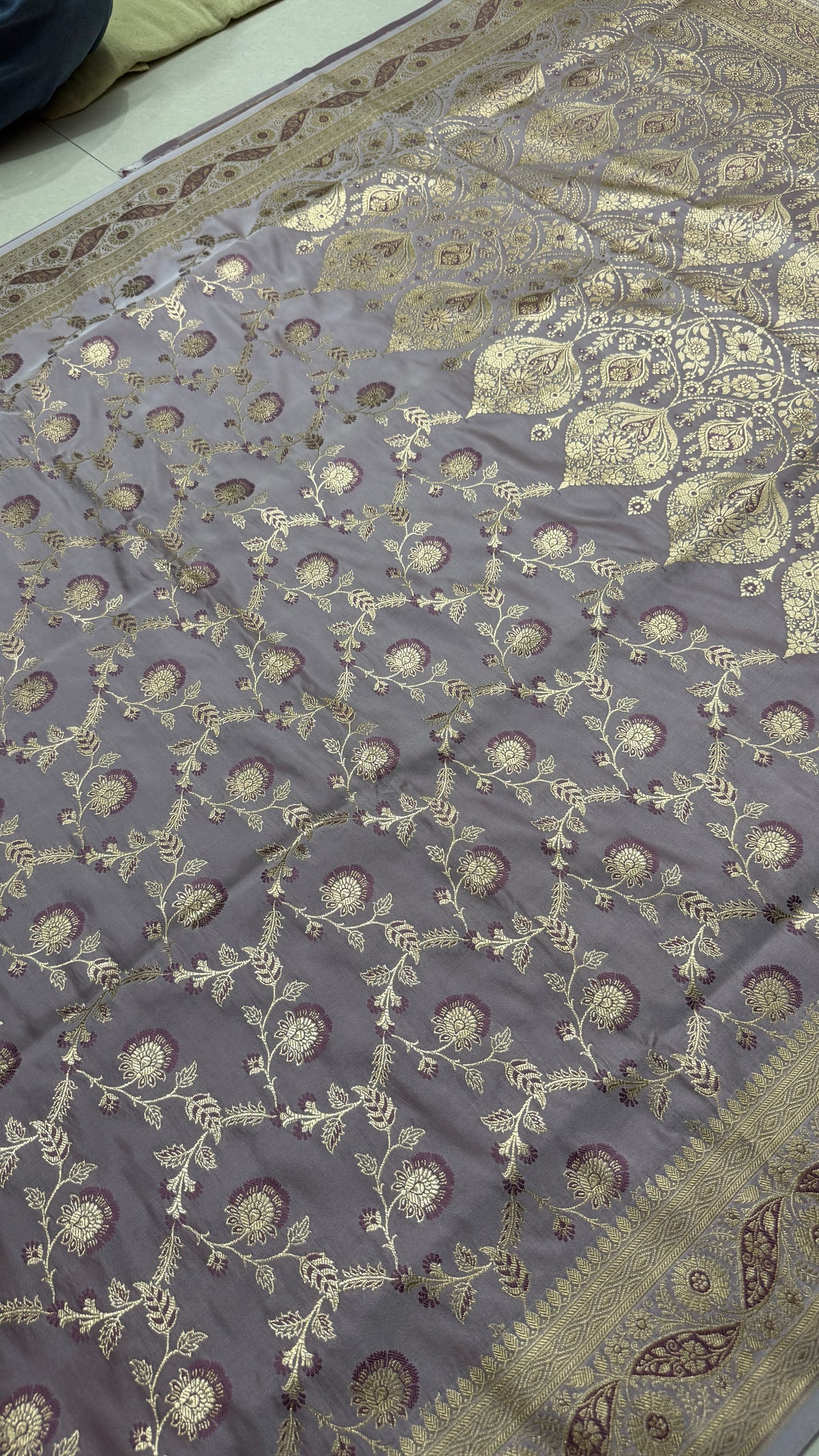 Pure Katan Silk Saree, Lavender Grey, Gold Zari Floral Weave, Indian Wedding Ethnic Wear
