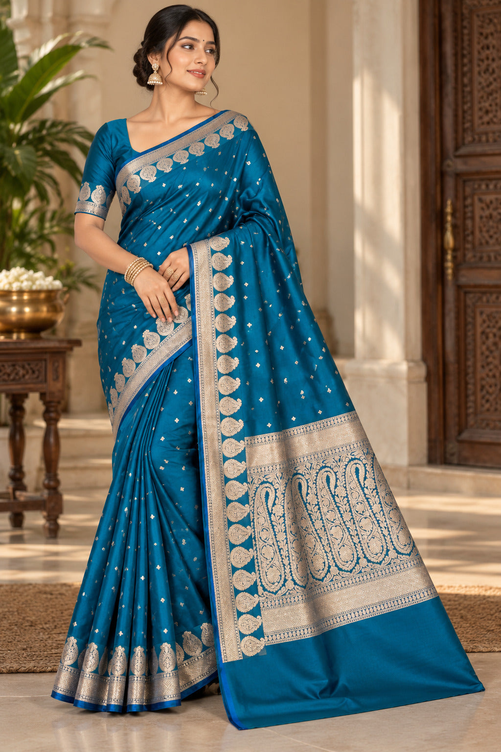 Royal Blue Banarasi Mashru Silk Saree, Gold Zari Woven, Wedding Festive Designer