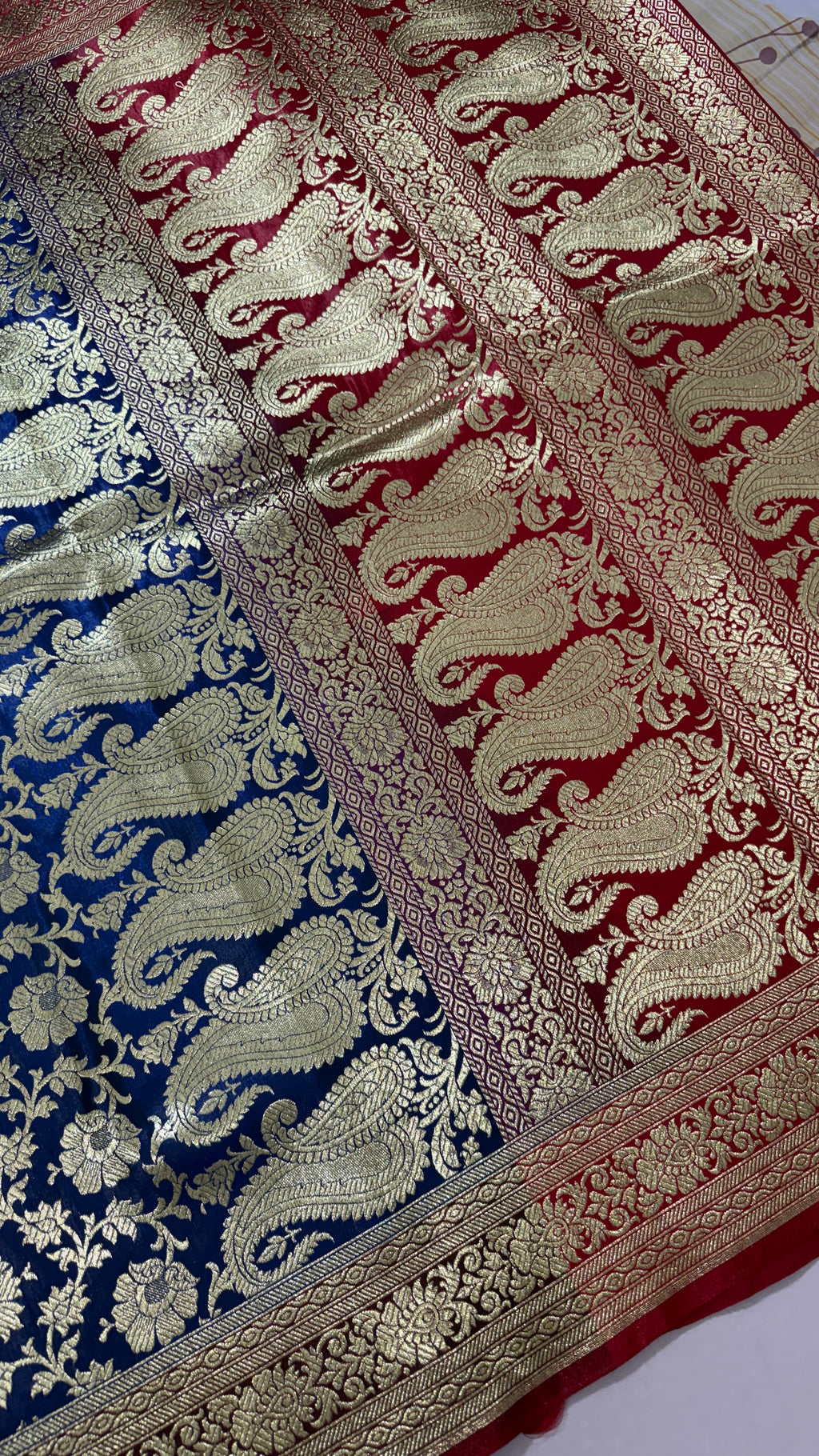 Royal Blue Red Banarasi Silk Saree, Gold Zari Floral Paisley (Wedding)